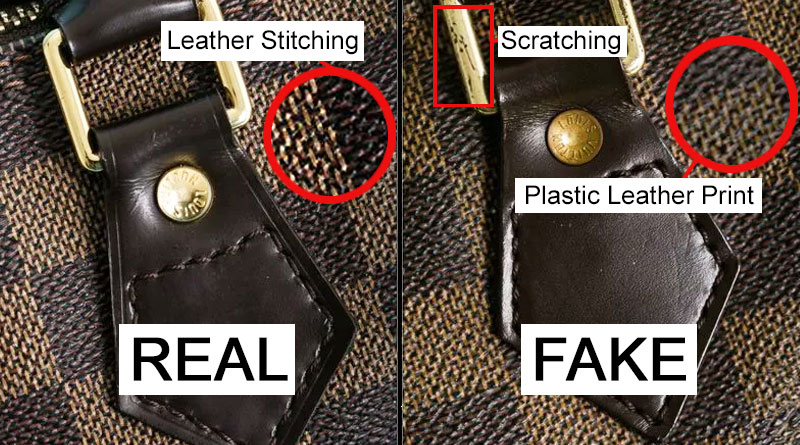 Up close detail of a Real vs Fake handbag